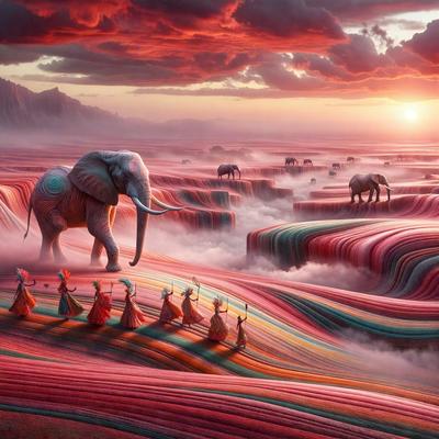 The primary subject of the image is a large elephant walking through a vibrant, colorful landscape. The setting is a red and pink striped terrain, which creates a unique and visually striking environment. The visual style of the image is digital art, as it appears to be a painting or drawing created using digital tools. The colors and mood of the image are predominantly warm and lively, with the red and pink stripes adding a sense of energy and excitement to the scene.